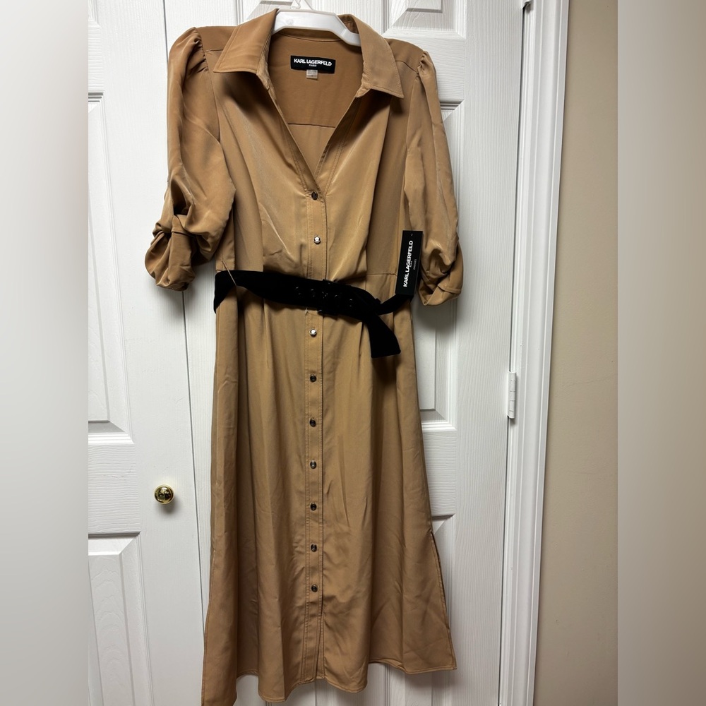 Karl Lagerfeld Tan Puff Sleeve Shirt Dress